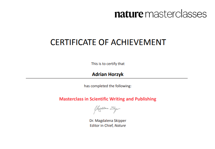 NATURE Certyfikat ukończenia Masterclass in Scientific Writing and Publishing